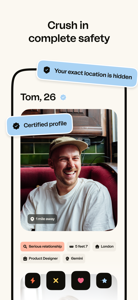 Happn dating app user profile showing safety features like certified profile and hidden exact location.