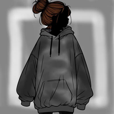 realistic girl with a oversized sweatshirt on and a bun