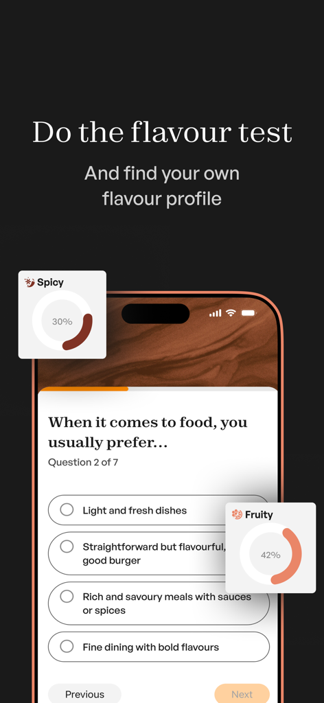 Distilld app interface showing a flavor profile test with questions about food preferences and data visualizations for spicy and fruity notes