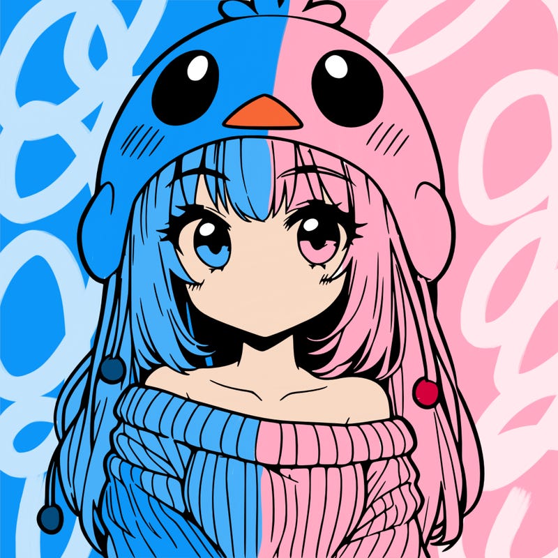anime girl with chick shaped hat with sweater with bare shoulders with bangs covering them one eye with low tail