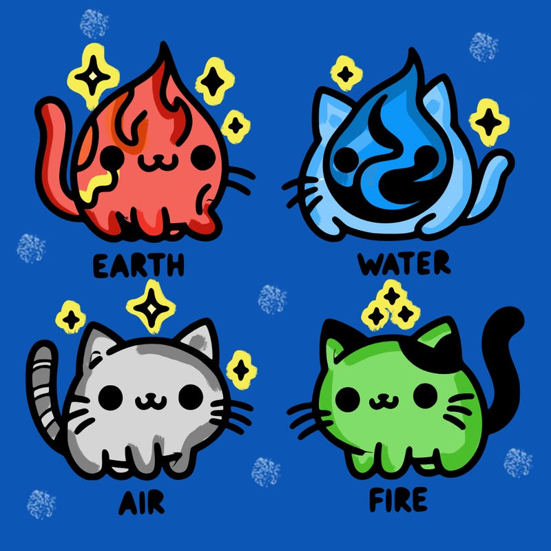 4 cats that represent the different elements, earth, water, air, and fire