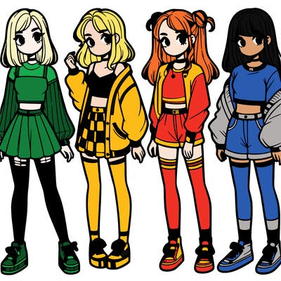 one girl with crop-top shirt and a jacket with a skirt, long socks and another girl with a shirt and pants with a jacket