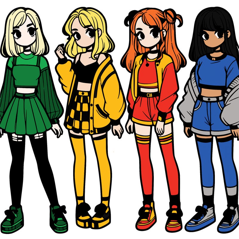 one girl with crop-top shirt and a jacket with a skirt, long socks and another girl with a shirt and pants with a jacket