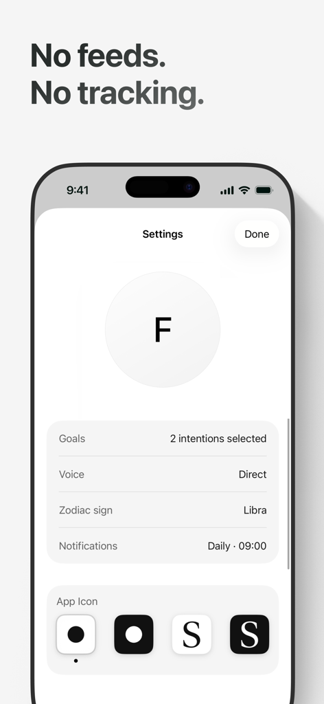 Still — Daily Sentence - Interfaz de configuración de la aplicación Still que muestra un diseño minimalista con opciones para preferencias de voz de intenciones y notificaciones