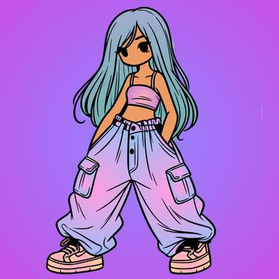 girl in baggy pants, crop top, and long hair