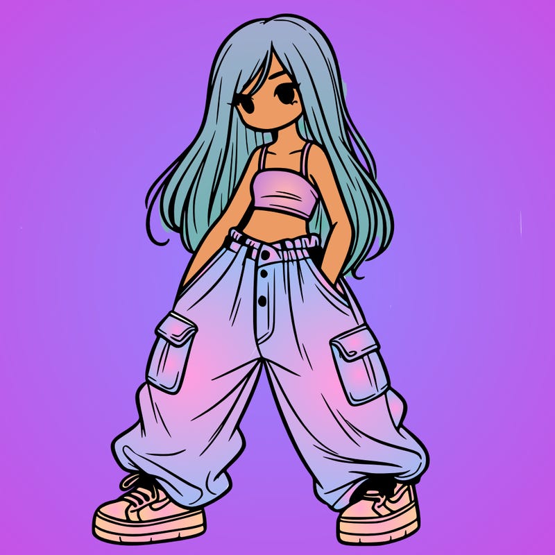 girl in baggy pants, crop top, and long hair