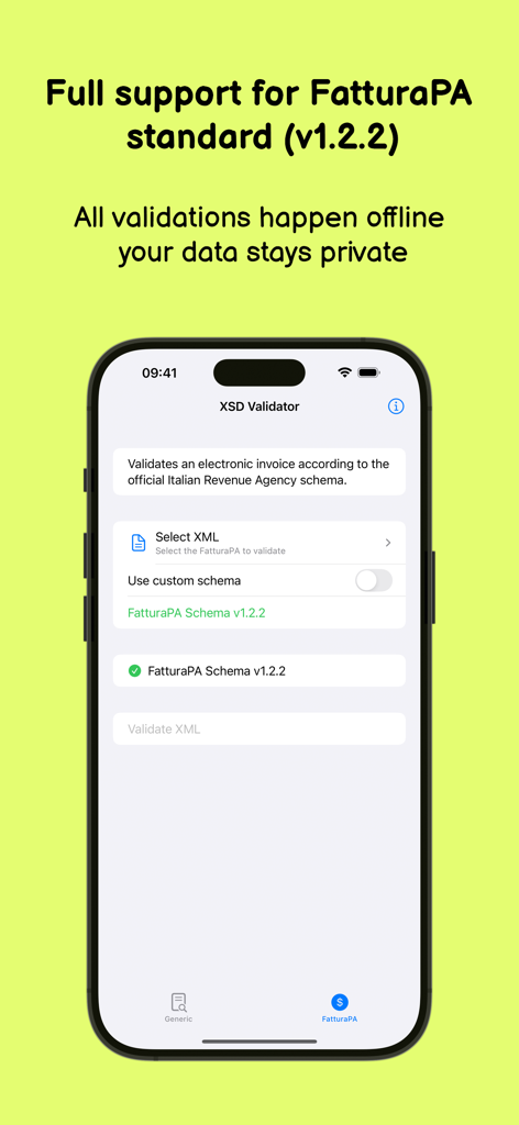 XSD - XSD Validator app interface displaying FatturaPA standard support and offline XML validation