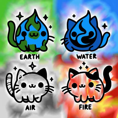 4 cats that represent the different elements, earth, water, air, and fire
