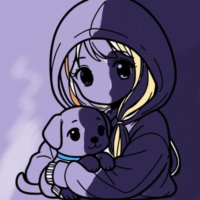 a girl wearing a hoodie hugging a dog
