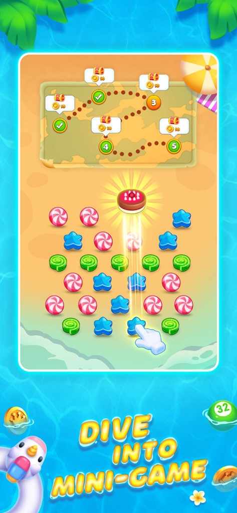 Bingo Island-Fun Family Bingo - ビンゴアイランドアプリ内のマッチ3パズルミニゲームのゲームプレイ画面。カラフルな形状とレベルマップが表示されている。