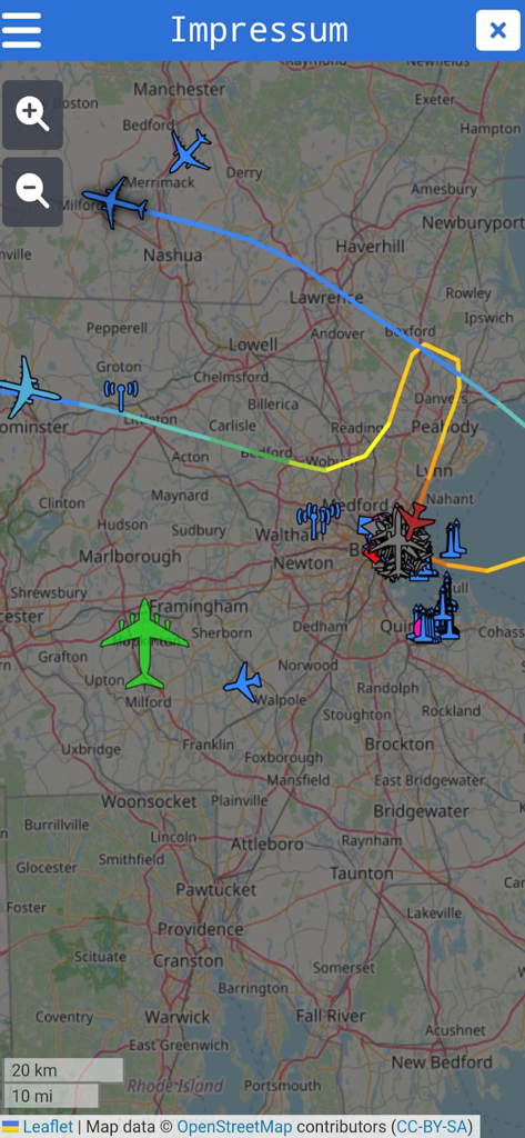 Radar Map - A live radar map showing color-coded aircraft and flight paths over the Boston area.