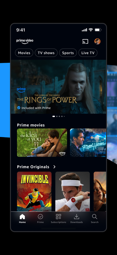 Amazon Prime Videoモバイルアプリのホーム画面。The Rings of Powerやその他の人気映画、シリーズが表示されています。