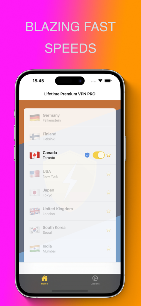 Interface de l'application VPN Premium PRO à Vie montrant une liste des emplacements de serveurs mondiaux incluant le Canada, les États-Unis et le Japon