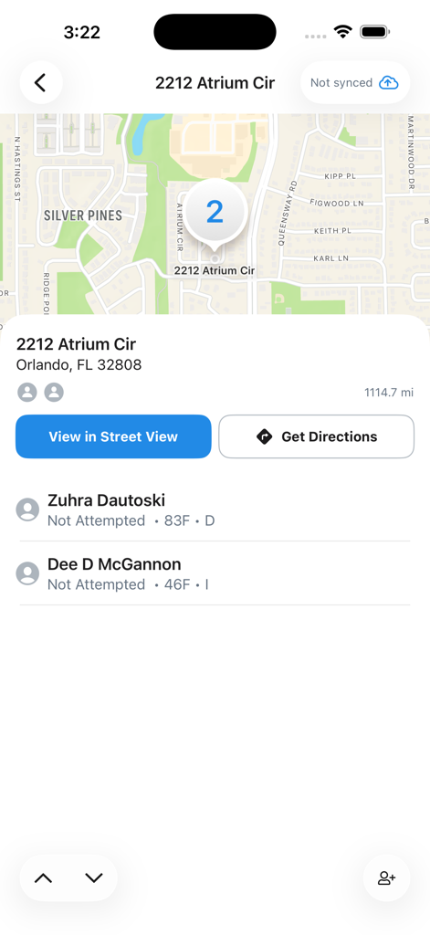 Vista mappa nell'app MiniVAN Touch che mostra un indirizzo target e i nomi dei residenti per il canvassing.