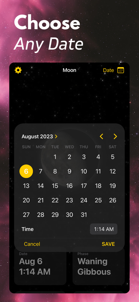 Moon Phases+ - Moon Phases plus app calendar interface for selecting a specific date and time