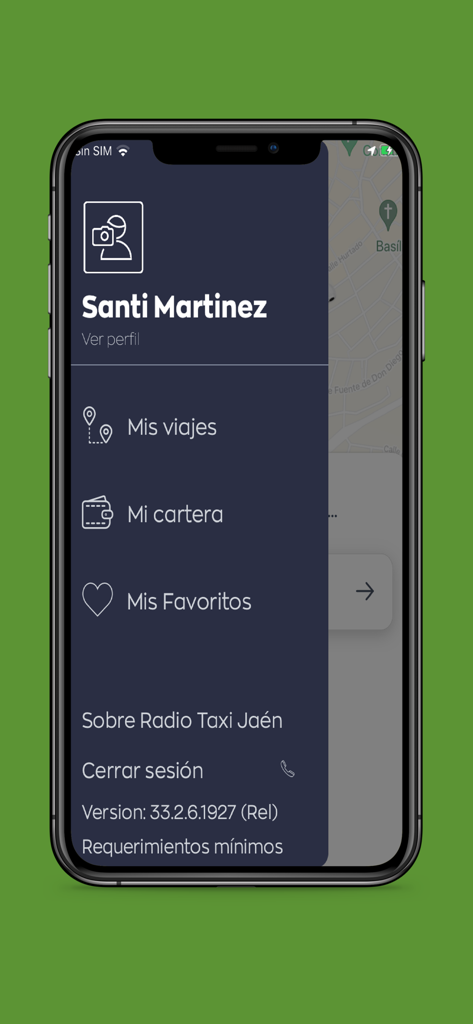 Radio Taxi Jaen - Menú lateral del perfil de usuario de la aplicación móvil Radio Taxi Jaen que muestra opciones de navegación.