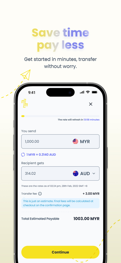 MoneyMatch - MoneyMatch app interface showing a currency transfer from Malaysian Ringgit to Australian Dollar with transparent fees