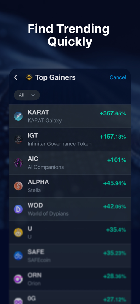Ethereum Wallet - HB Wallet - A list of top gaining cryptocurrency tokens with percentage increases shown in the HB Wallet app interface.