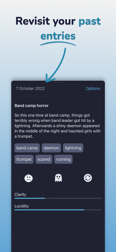 Dream Catcher: Lucid Journal - A screenshot of the Dream Catcher app showing a saved dream journal entry with tags and lucidity tracking