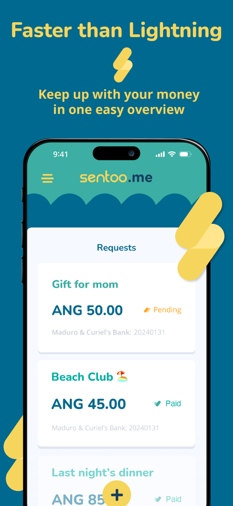 Sentoo.me - Schermata dell'app Sentoo.me che mostra un elenco di richieste di pagamento con stati in sospeso e pagati per attività sociali