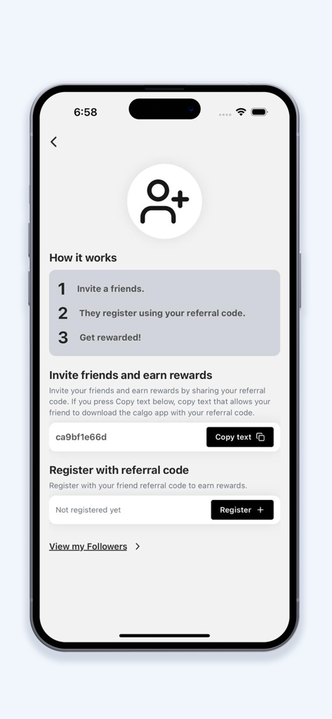 Schermata del programma di referral dell'app Calgo con istruzioni per l'invito e il codice di referral dell'utente