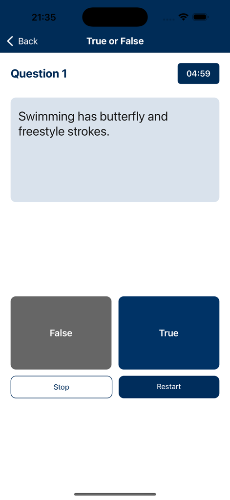 True or False sports quiz screen with a question about swimming strokes