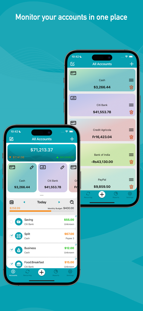 Quick Checkbook app interface showing a summary of multiple bank accounts and a list of daily cleared transactions.
