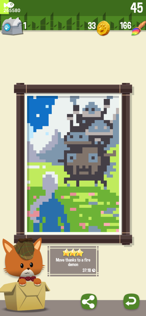 Hungry Cat Nonogram - A completed pixel art nonogram puzzle of a moving castle with a detective cat character in a cardboard box
