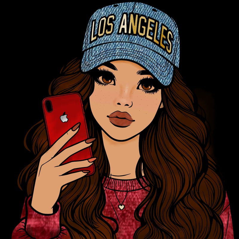 realistic beautiful girl wearing los ángeles cap holding an iphone
