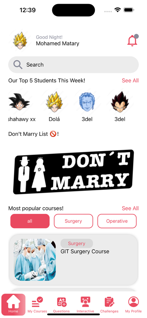 DR-MATARY - The home screen of the DR-MATARY app displaying surgical courses and student achievements.