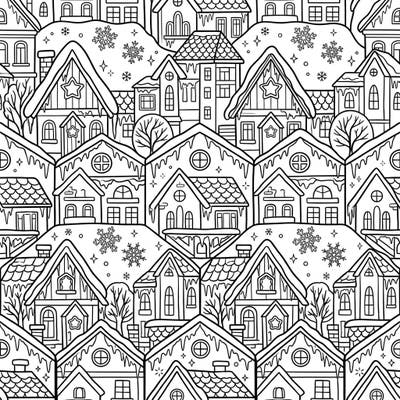 Step into a charming, snow-covered village with this intricate house tessellation coloring page. Explore a continuous pattern of cozy homes, perfect for bringing winter warmth to life with your colors.