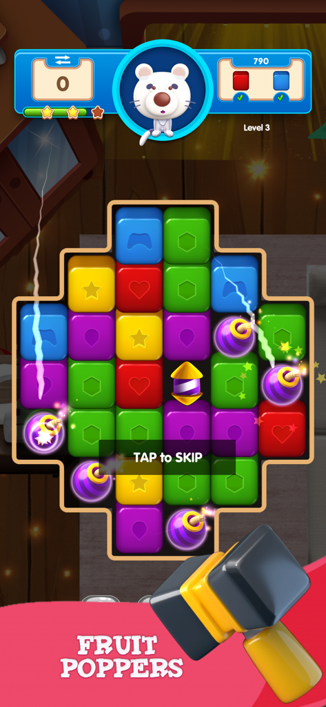 Fruit Poppers Fun Puzzle Game - Pantalla de juego de Fruit Poppers que muestra una cuadrícula de coloridos bloques y potenciadores especiales