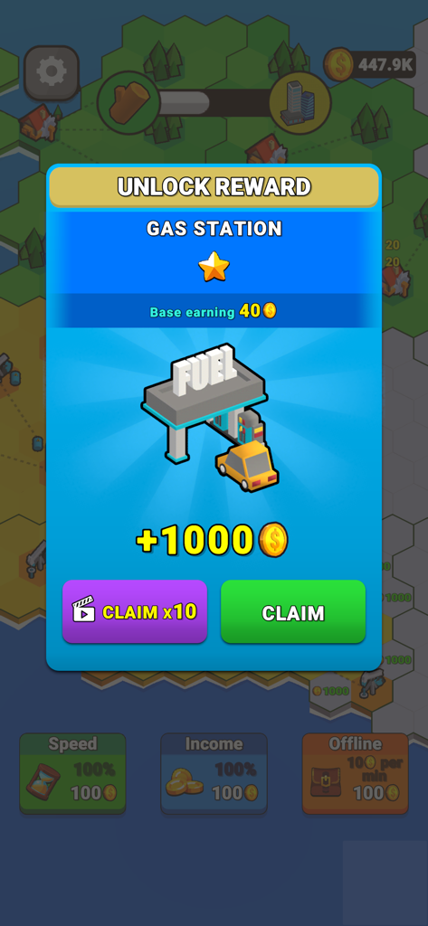 Factory World - Factory Worldゲーム画面、ガソリンスタンドのアンロック報酬ポップアップにコインを獲得するオプションが表示されています