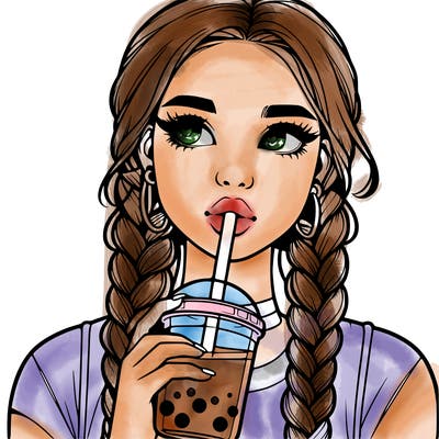 realistic girl with braided hair drinking boba
