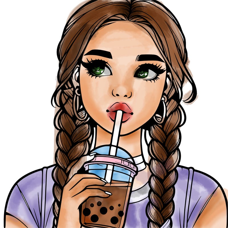 realistic girl with braided hair drinking boba