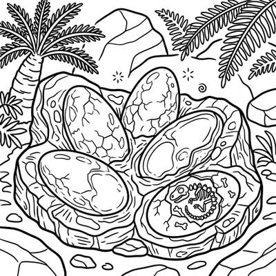 This captivating coloring page features a collection of fossilized theropod dinosaur eggs, including one cracked open to reveal a baby dinosaur skeleton. Immerse yourself in a prehistoric world, ready for your creative touch to bring it to life.