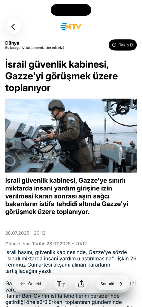 Pantalla de artículo de noticias de la aplicación móvil NTV en turco.