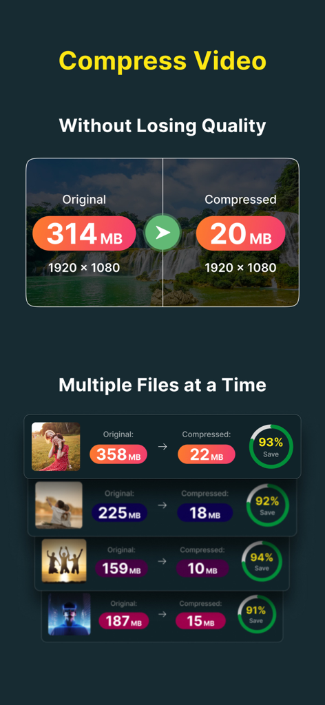 A mobile app interface demonstrating high quality video compression and batch processing for multiple files simultaneously