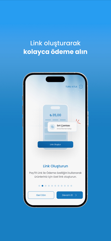 PayTR Mağaza - Onboarding screen of the PayTR Magaza app showing how to create payment links for products