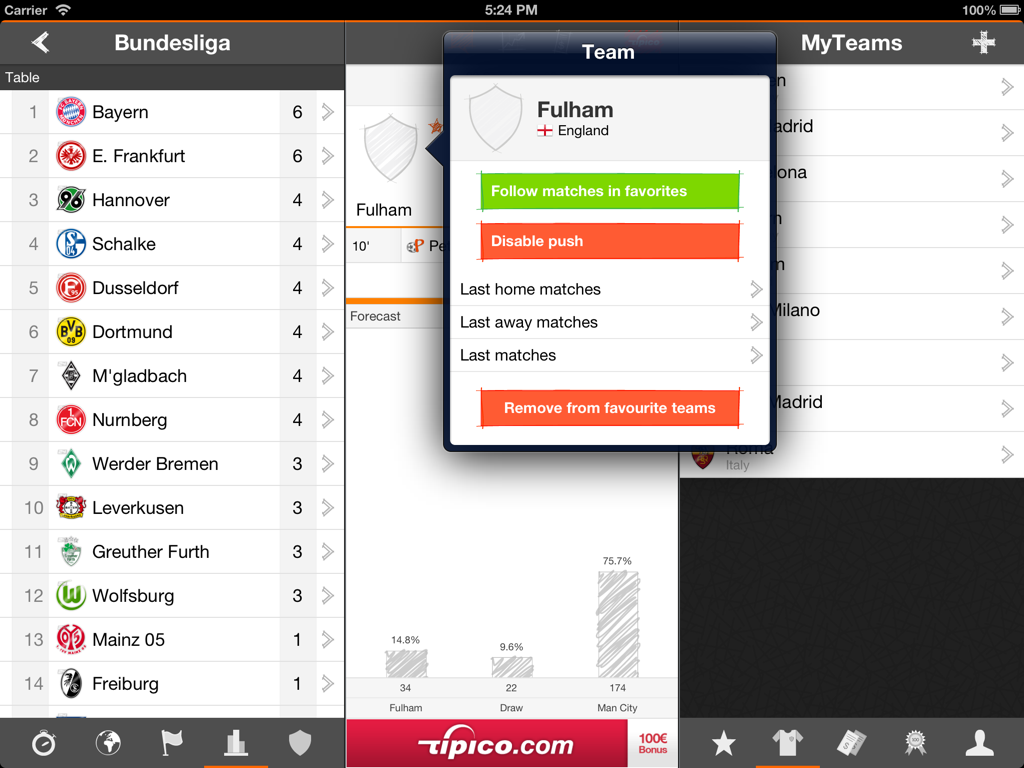 Futbol24 HD - L'interface Futbol24 HD pour iPad affiche le classement de la Bundesliga et une fenêtre contextuelle de configuration d'équipe pour Fulham.