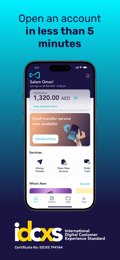 Mbank UAE app dashboard showing 5-minute account opening and money transfer services