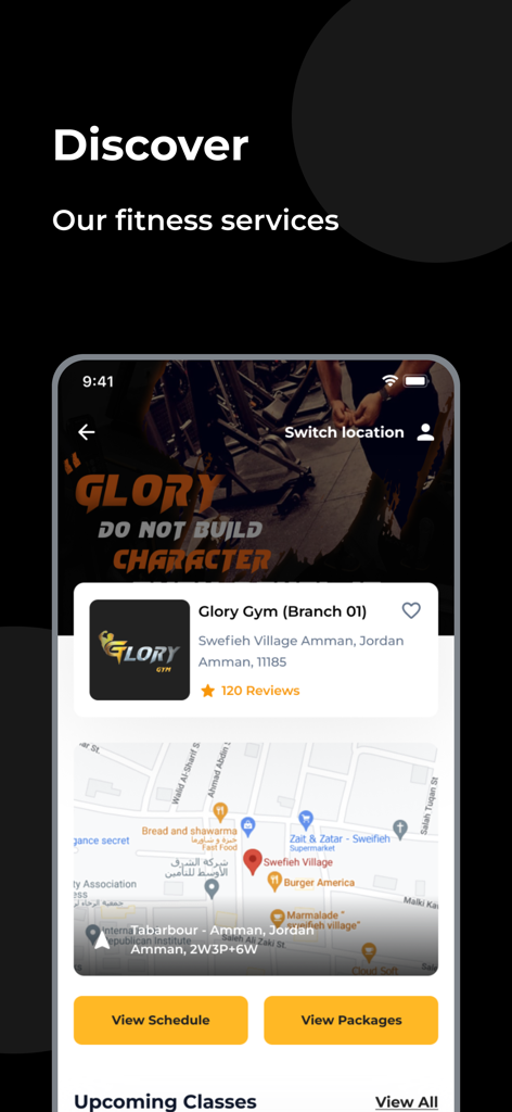 Glory GYM - Glory GYM app displaying gym branch location map and schedule view buttons