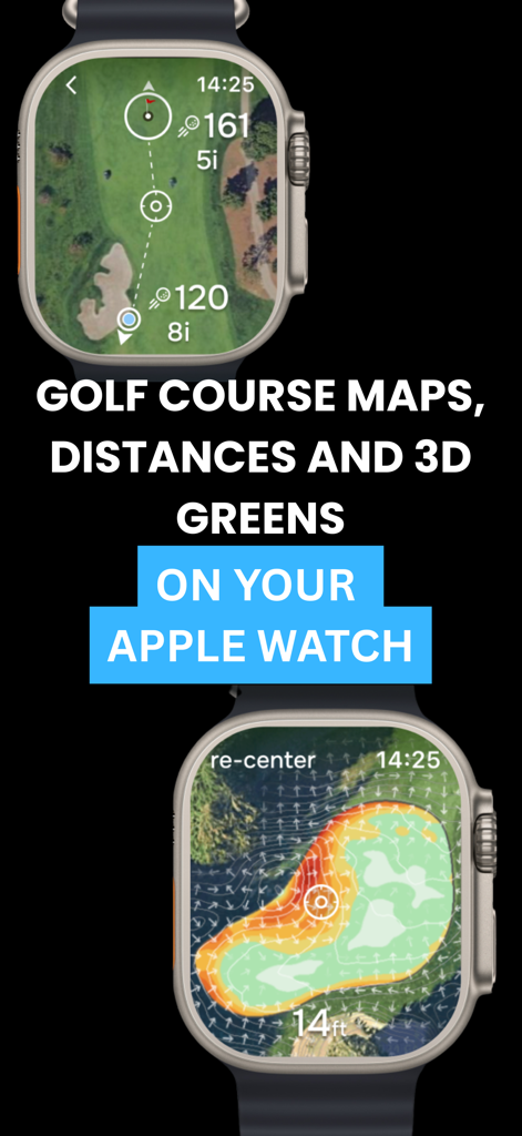 Golf Pad GPS Range Finder - Apple Watch의 골프 패드 GPS 앱 인터페이스는 항공 코스 맵과 3D 그린 윤곽 데이터를 표시합니다.
