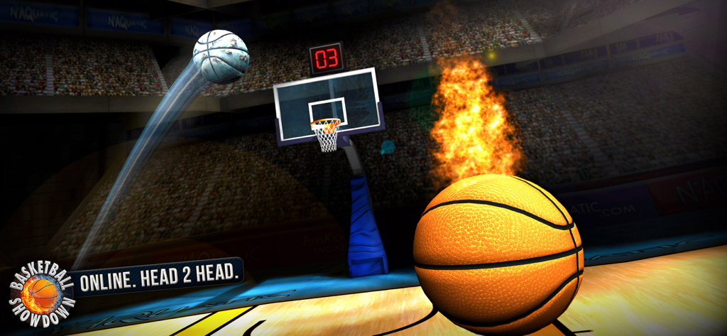 Basketball Showdown - Basketball Showdown gameplay featuring an online head to head match in a stadium with a flaming ball