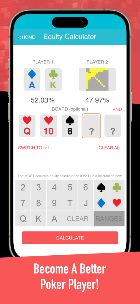 Preflop+ Poker GTO Nash Charts - Mobile app interface showing a poker equity calculator with hand percentages and board cards