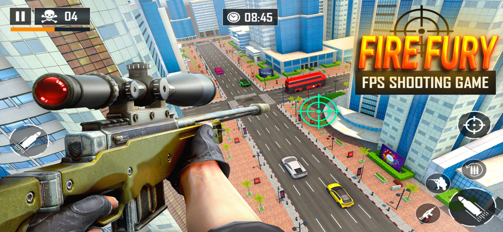First-person view of a sniper rifle overlooking a city street in Fire Fury Max FPS shooting game.