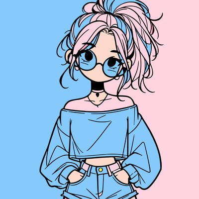 girl with a messy ponytail glasses a baggy crop top and jean shorts