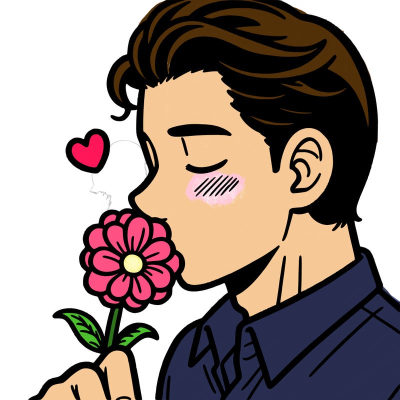 man kissing a flower