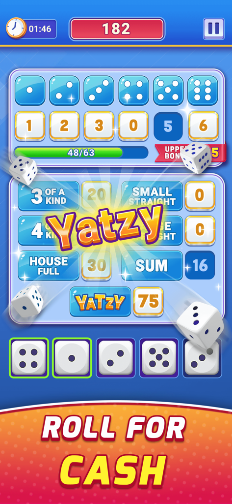 Interfaz del juego de dados Yatzy Clash con un marcador y una indicación de ganar dinero