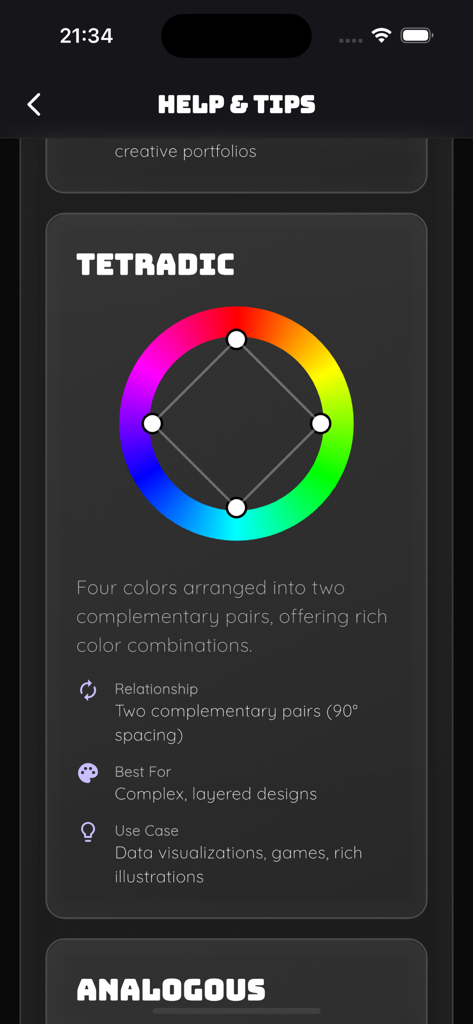 Colors by Lumina - Instructional screen in Colors by Lumina explaining Tetradic color harmony with a color wheel and design tips